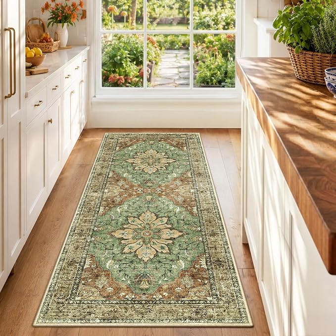 RELEANY Washable Area Rug, Runner 2'x6', Brick/Brown/Green | Non-Slip, Water Repellent, Pet Friendly, Easy to Clean, Vintage Floral Boho Decor for Kitchen Entry Bedroom Bedside Laundry
