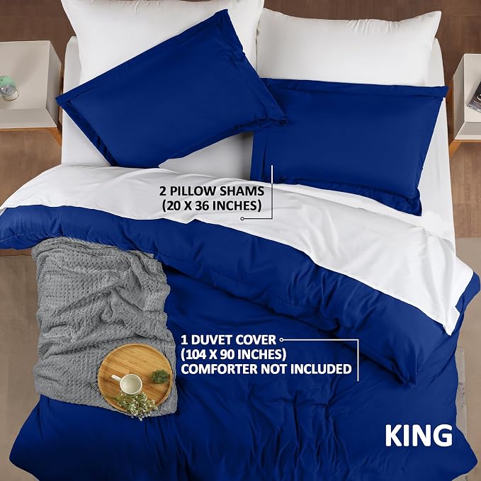Duvet Cover King, 3 PC Cotton Like PolyesteR, Zipper Closure, Royal Blue | Extra Soft and Breathable, Wrinkle & Fade Resistant, Includes Duvet Cover and 2 Pillow Shams, Comforter Not Included, OekoTex
