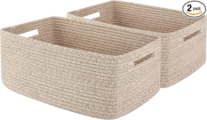 OIAHOMY Storage Basket for Shelves, Closet Cube Storage Bins Baskets for Clothes Blanket Towels, Baby Nursery, Toy Baskets Box, Woven Rope Basket, 15.75 * 11.81 * 7.09 IN, 2 Packs Brown