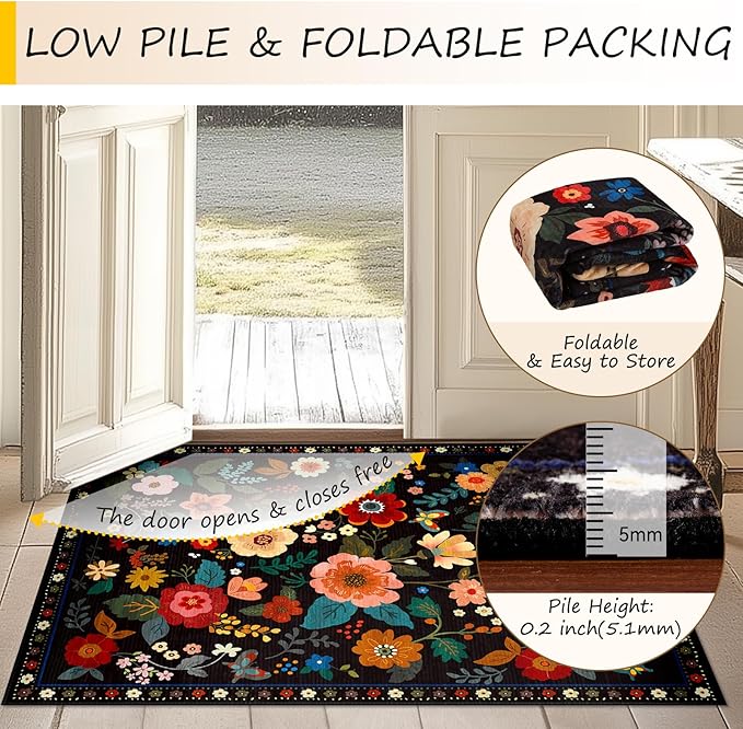 Floral Washable 2x10 Area Rugs Runner Entryway Hallway Black | Flower Carpet, Print, Boho, Non-Slip, Easy to Clean, Low Pile, Soft, for Living Room Bedroom Kitchen Office Entrance