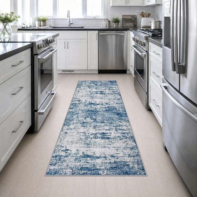 2.6x8 Washable Runner Rug：Modern Abstract Kitchen Soft Carpet Blue | For Hallway, Bedroom, Kitchen, Laundry, Bathroom,Door Mat,Modern Abstract,Machine washable,Non-Slip,Stain Resistant,Indoor