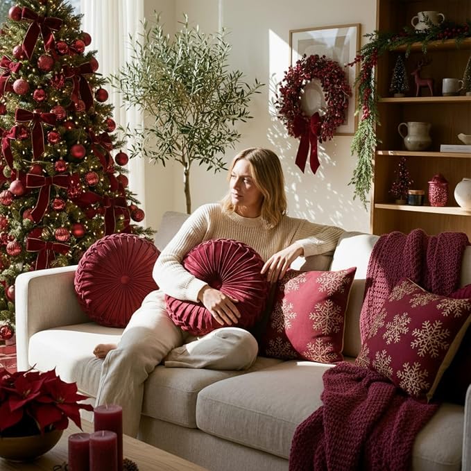 Kathfly 4 Pcs Decorative Round Pleated Throw Pillows, Classy Velvet Pumpkin Round Throw Pillows, Decorative Floor Pillow for Bed Chair Home Sofa Decor, 14" Diameter (Burgundy)