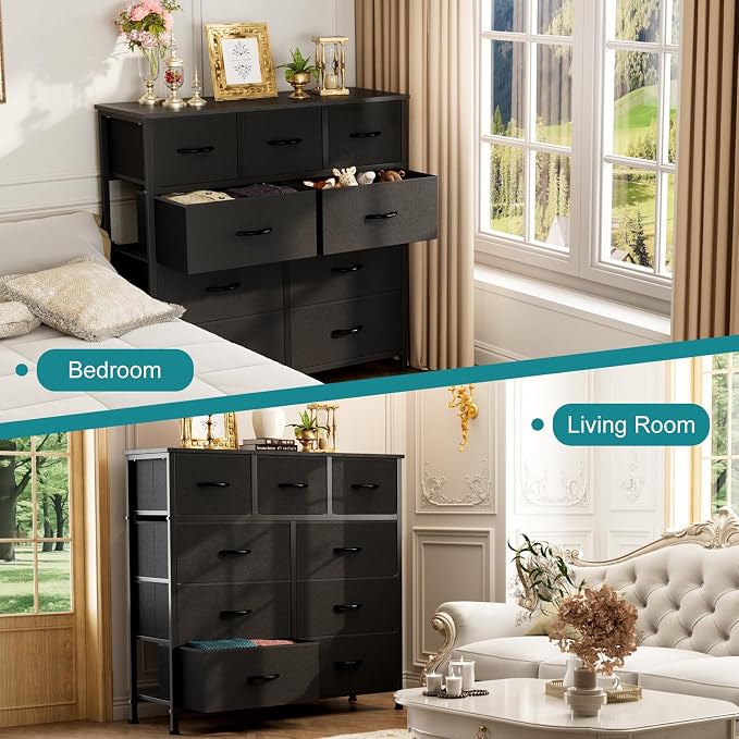 OLIXIS 9 Drawer Black Dresser for Bedroom, Closet Organizer Storage Tower | Easy-Pull Chest of Fabric Drawers, Lightweight Clothes Organizer, Anti-Tip Design, Space-Saving Storage for Dorm, Apartments