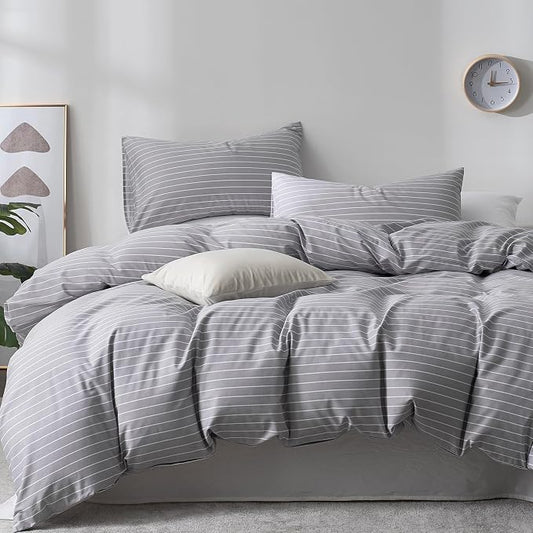 JELLYMONI 100% Cotton Wide Striped King Duvet Cover Set, Gray/White | Classic Stripes, 8 Corner Ties & Double-Head Hidden Zipper, Breathable and Soft, For Any Master Bedroom