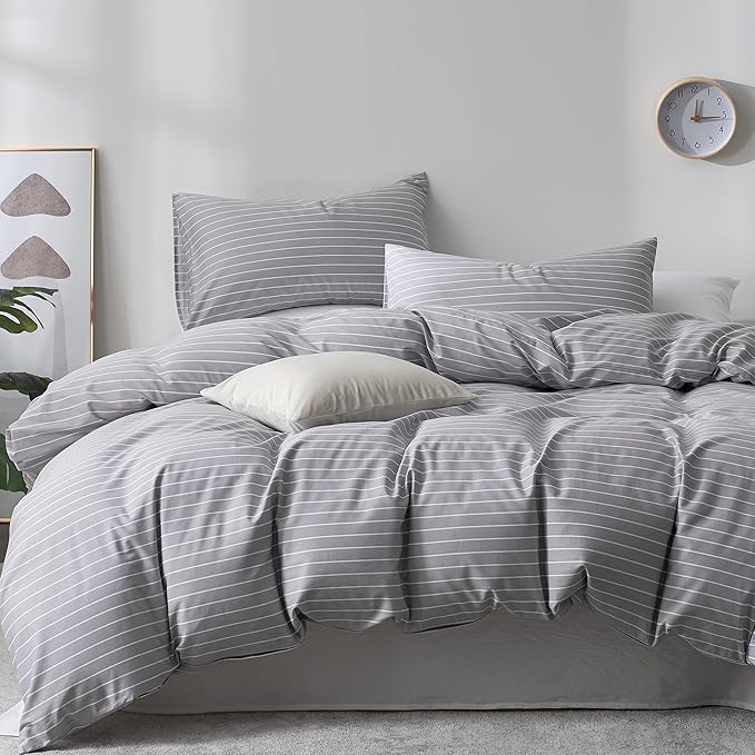 JELLYMONI 100% Cotton Wide Striped Full Duvet Cover Set, Gray/White | Classic Stripes, 8 Corner Ties & Double-Head Hidden Zipper, Breathable and Soft, For Guest Room