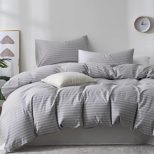 JELLYMONI 100% Cotton Wide Striped Full Duvet Cover Set, Gray/White | Classic Stripes, 8 Corner Ties & Double-Head Hidden Zipper, Breathable and Soft, For Guest Room