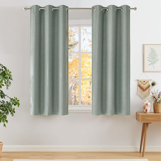 NICETOWN Short Faux Linen Sage Green Blackout Curtains 63 inches Long | For Kitchen, Privacy Panels, for Living Room, Bedroom, Modern Farmhouse Style, Easy Care, Grommet Top, 2 Panels, W42 by L63