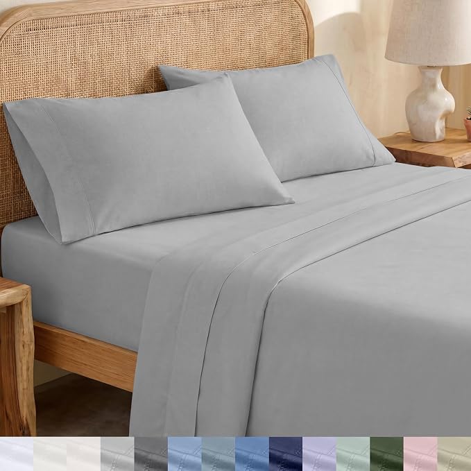 California Design Den Organic Cotton Queen Size Bed Sheet Set, Light Grey | GOTS Certified, Lightweight Crisp & Airy Percale For Hot Sleepers, 15" Deep Pocket, All-around Elastic, Easy Care