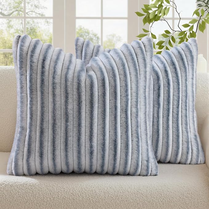 decorUhome Fall Faux Fur Throw Pillow Covers 20x20 Set of 2 Grey White | Decorative Soft Cozy Striped Plush Modern Farmhouse Boho Couch Pillow Cases Velvet Back for Sofa Bed Living Room Home Decor