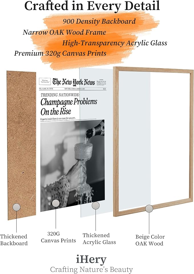 iHery 12x16in Champagne Problems on the Rise Framed Newspaper Art | Natural OAK Wood Frame with Canvas Print, Vintage Champagne Decor for Bar Cart, Kitchen, Living Room and Bathroom, 1Pack