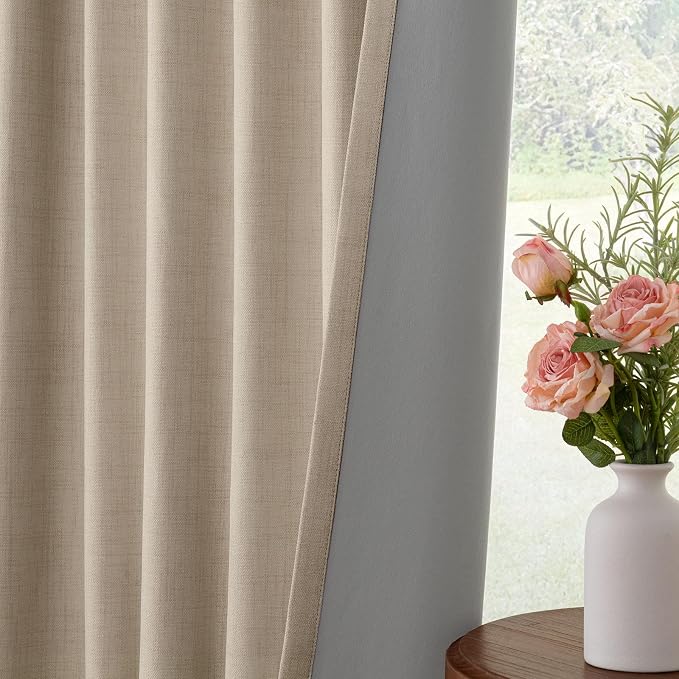 INOVADAY 100% Blackout Curtains for Bedroom Black Out Curtains 96 Inch Long | Burlywood Birch Living Room Curtains 2 Panels, Clip Rings Linen Blackout Drapes, Thermal Insulated Room Darkening,W50xL96