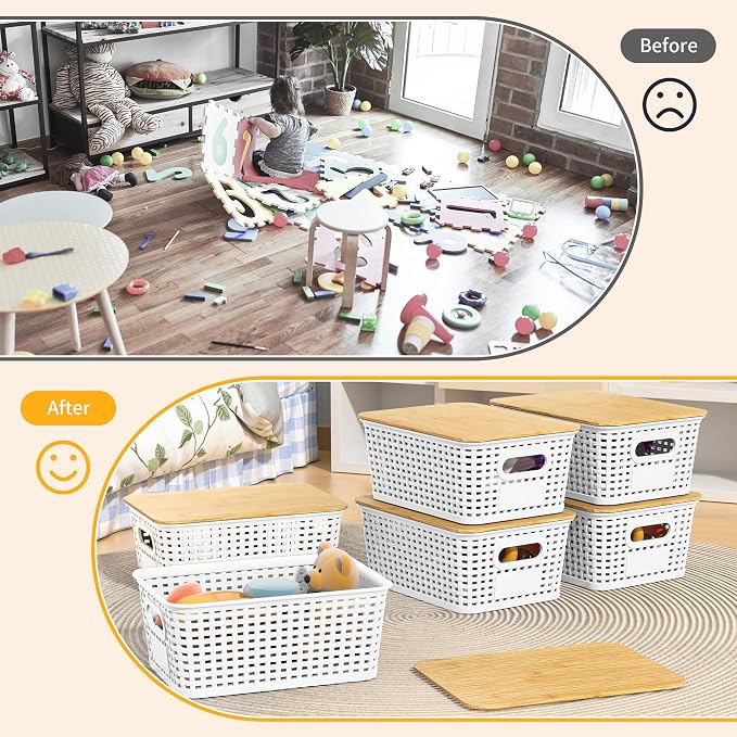 6 Pack Plastic Storage Baskets,White bamboo lid storage Box | Labels, Stackable, For Organizing Shelves Pantry Drawers Desktop Closets Organizing Desktop Closet Playroom Classroom