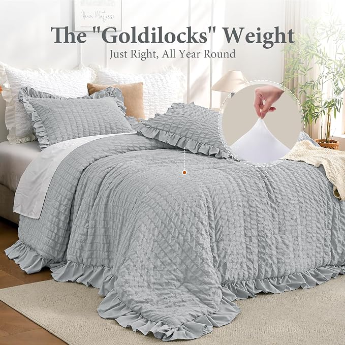 JOLLYVOGUE Light Grey Queen Comforter Set, 3 Pieces Seersucker Comforters Queen Size, Lightweight & Fluffy Bedding Sets Queen for All Season with 1 Ruffle Comforter and 2 Ruffle Pillowshams