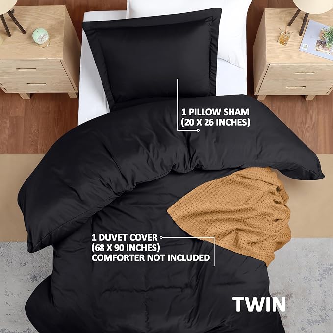 Duvet Cover Twin/Twin XL, 3 PC Cotton Like Polyester, Zipper Closure, Black | Extra Soft and Breathable, Wrinkle & Fade Resistant, Includes Duvet Cover and 1 Pillow Sham, Comforter Not Included, OekoTex