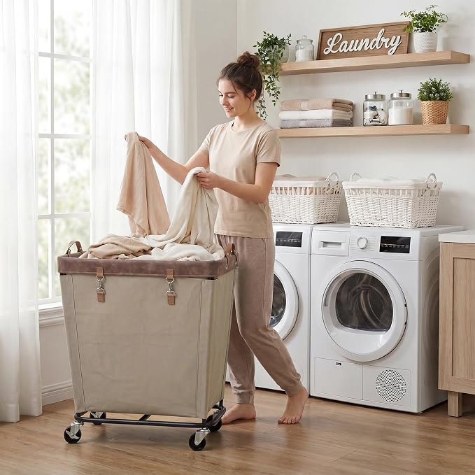 StorageWorks 210L Laundry Basket with Wheels, Rolling Hampers for Clothing | Large Light Kahki Laundry Basket with Wheels & Handles, Rolling Cart for Bedroom, Bathroom, Dorm, Hotel