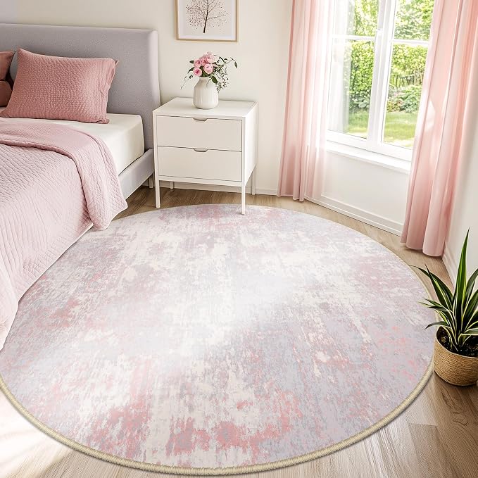 RELEANY Washable Round 8ft Area Rug for Living Room Gray Pink | Carpet for Bedroom, Kitchen, Office, Hallway and Entryway, Printed Pattern, Non‑Slip, Soft, Stain‑Resistant, Easy to Clean