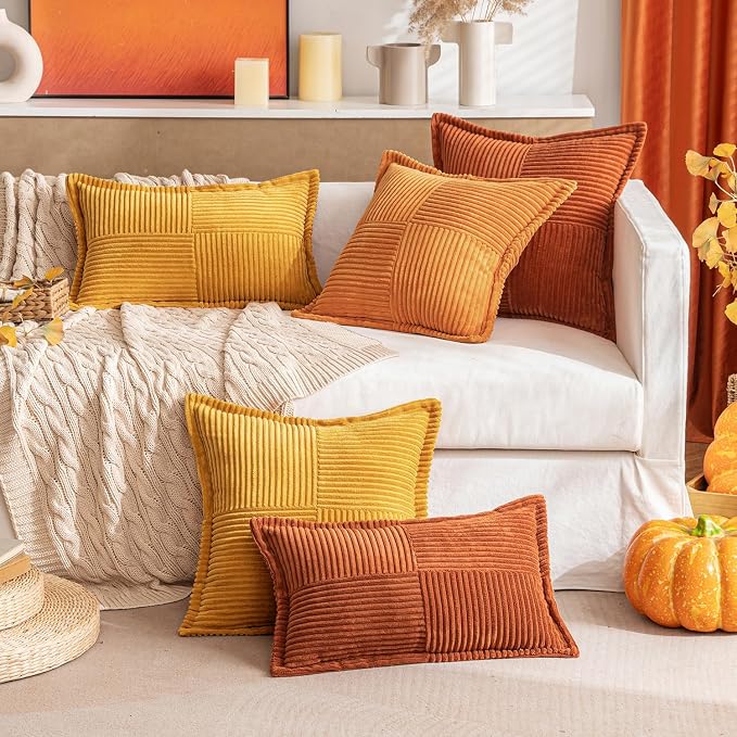MIULEE Fall Burnt Orange Decorative Throw Pillow Covers 16x16 Inch 2 Pack | Boho Broadside Striped Patchwork Pillow Covers, Soft Corduroy Cushion Cases, For Couch Sofa Bed Livingroom Home Decor