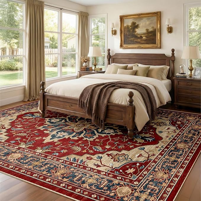RELEANY Washable Area Rug, Large 9'x12', Red/Blue | Non-Slip, Water Repellent, Pet Friendly, Easy to Clean, Vintage Floral Boho Decor for Living Room Bedroom Dining Room