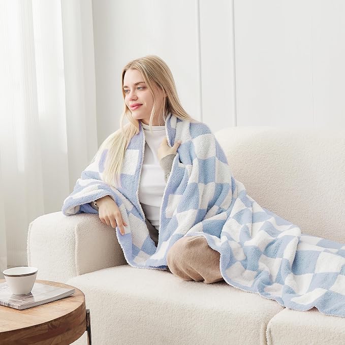 Checkered Throw Blanket Soft & Cozy Blanket for Bed, Couch, and Sofa Lightweight Stylish Versatile Blanket Home Decor for All Seasons Throws Blanket Dusty Blue 50x60 Inches