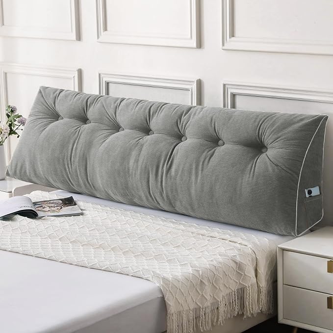 Sasttie Headboard Pillow King, Wedge Pillow Headboard, Light Grey | Triangle Backrest Cushion for Sitting or Reading in Bed, Dorm Essentials, OEKO-TEX, Down Alternative Fill, Side Pockets