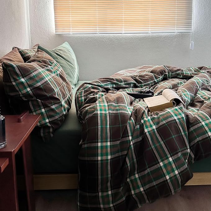 LifeTB Brown Green Plaid Comforter Set Twin XL, Modern Style 3 Pieces Grid Comforter with 2 Pillowcases, Vintage Plaid Checkered Comforter for All Seasons, Breathable Soft Fluffy Gingham Bedding Set