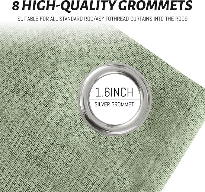 Yakamok 96 Inch Light Sage Green Linen Texture Curtains for Living Room | 100% Blackout Curtains,Room Darkening Curtains,Thermal Grommet Bedroom Curtain 2 Panels with Greyish White Liner,52W x 96L