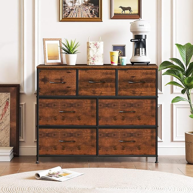 7-Drawer Dresser for Bedroom, Anti-Tip Wide Storage Organizer Fabric | Chest of Drawers TV Stand for 45" TV with Wooden Top and Metal Frame for Closet, Living Room, Hallway, Entryway, Brown