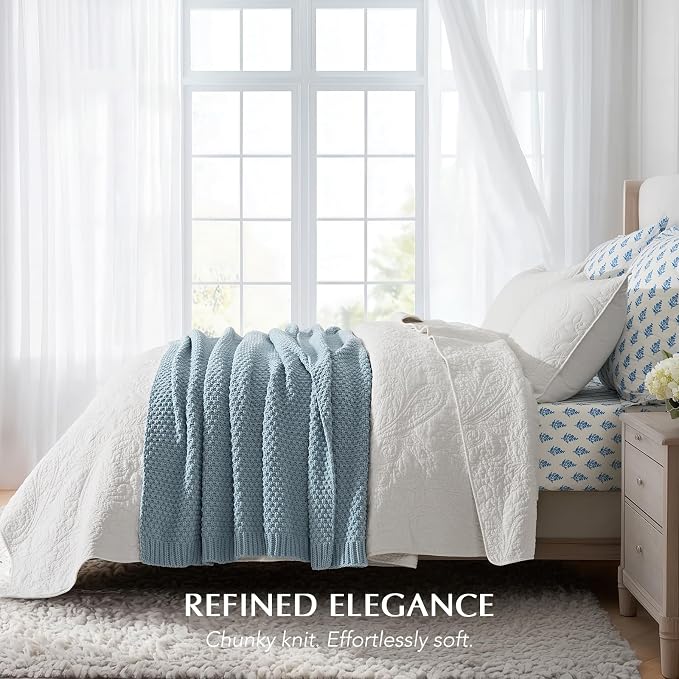 EVERGRACEHOME Chunky Chenille Knit Throw Blanket, 60 x 80, Chambray Blue | Sculpted Moss Stitch, Chic Modern Farmhouse, All-Season Warmth, OEKO-TEX® Certified, Elegant Blanket for Couch, Bed, Sofa