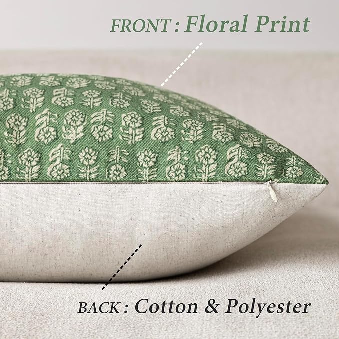 Foindtower Set of 2 Decorative Vintage Floral Print Throw Pillow Covers Neutral Modern Farmhouse Cushion Covers Boho Home Decor For Sofa Couch Chair Bedroom Living Room Outdoor,20×20 Inch,Forest Green