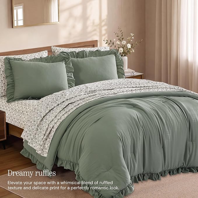 Queen Comforter Set-7 Pieces Ruffle Bedding with Floral Sheet | Green Floral Bed in a Bag, Soft Lightweight All Season Farmhouse Queen Bedding Sets with Floral Sheets, Pillowcases & Shams
