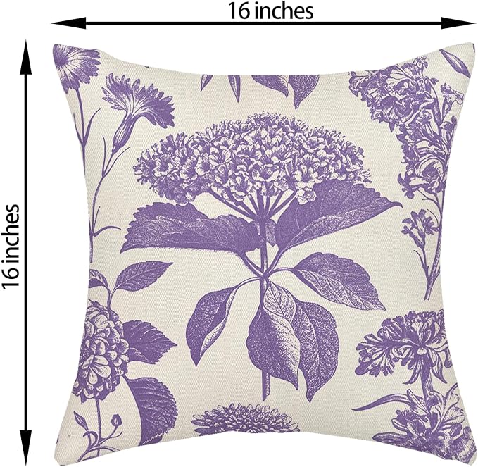 Purple Pillow Covers 16x16 Inch 2 Pcs Boho Vintage Floral Decor Throw Pillows Hydrangea Flower Seasonal Outdoor Farmhouse Neutral Accent Decoration Pillowcase Linen Cushion Cover for Sofa