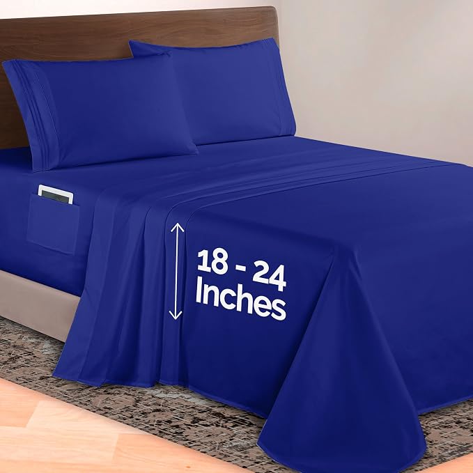 Elegant Comfort Luxurious 1500 Premium Hotel Quality Microfiber 4-Piece Sheet Set, 18-24 Inches Deep - Extra Deep Pocket Sheets - Ultra Soft 4PC Deep Pocket Sheets, Queen, Royal Blue