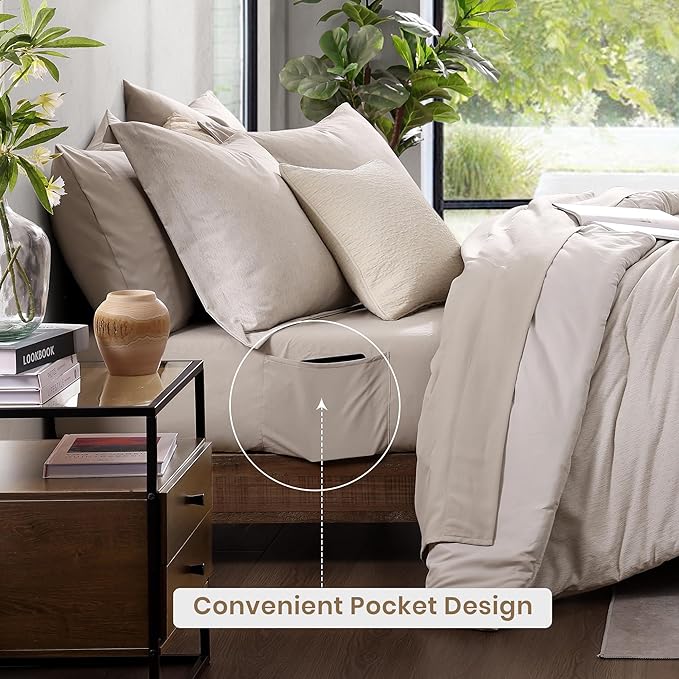 Monbix King Size Comforter Set 7 Pieces Oatmeal Beige Bed in a Bag | Cationic Dyeing Reversible All Season Bedding Sets with Comforter, Sheets, Pillowcases & Shams