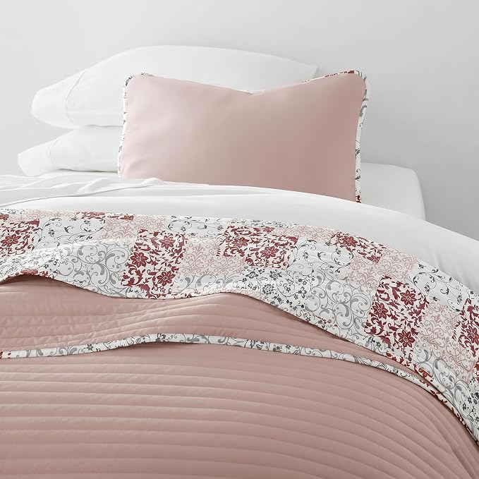 Merit Linens Soft Quilt Coverlet Bedding Set - Pattern/Solid Reversible - Twin/TwinXL Blush