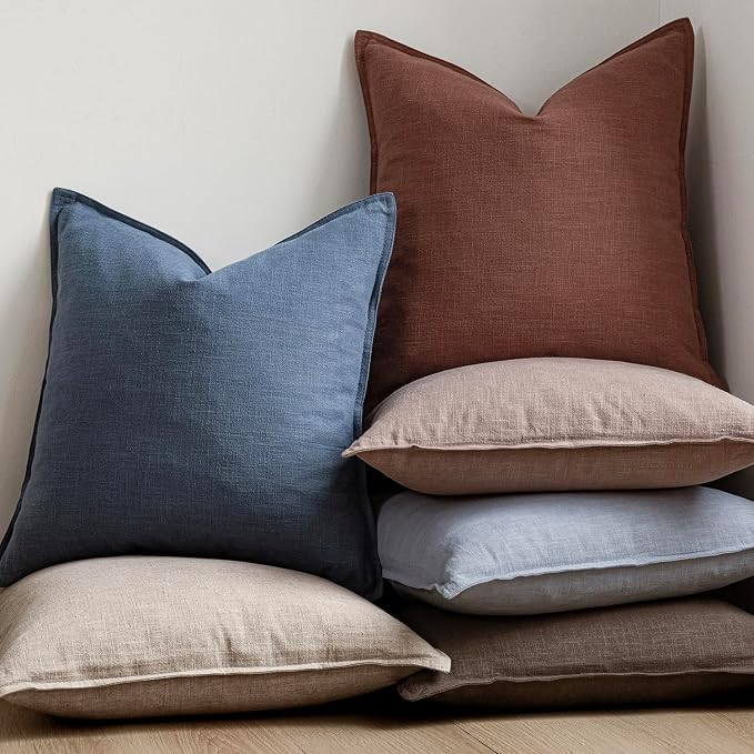 Foindtower Linen Solid Decorative Throw Pillow Covers 24x24 Inch Sky Blue | Boho Farmhouse Morden Pillowcase,Pack of 2 Soft Accent Cushion Covers,Rustic Home Decor for Chair Couch Bedroom Living Room