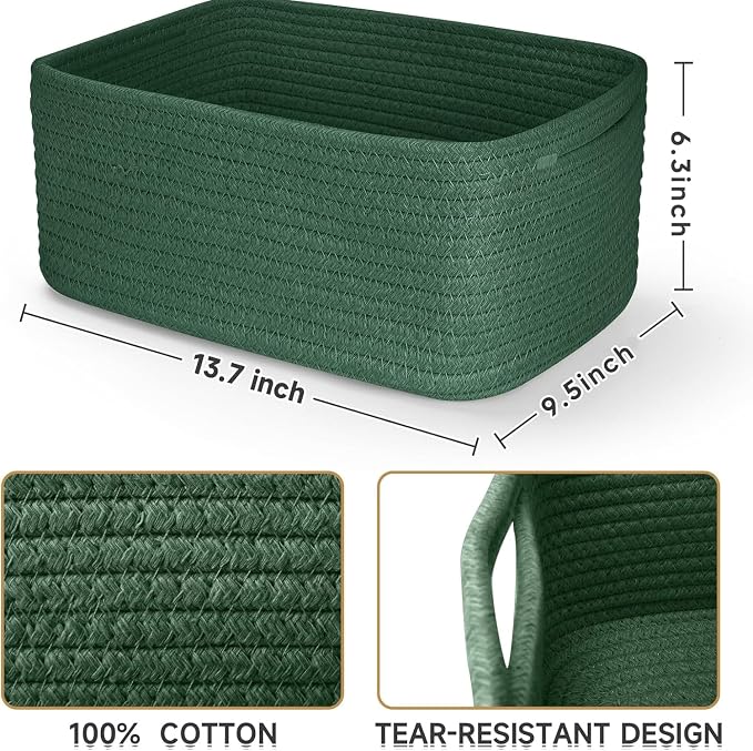 3 Pack Storage Baskets for Organizing, 13.7×9.5×6.3", Green | Woven Baskets for Shelves, Cotton Rope Basket for Gifts Empty, Closet Organizer Bins with Handles, Cube Decorative Box