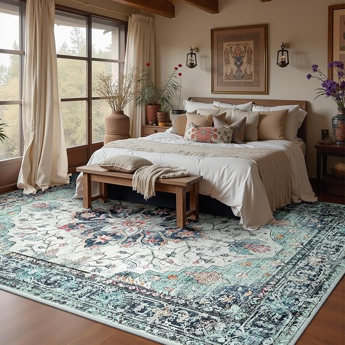 RELEANY Washable Area Rug, Large 9'x12', Teal Green/White/Navy | Non-Slip, Water Repellent, Pet Friendly, Easy to Clean, Vintage Floral Boho Decor for Living Room Bedroom Dining Room