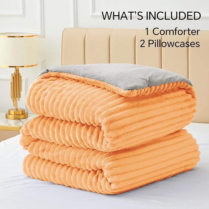 BEDELITE Fleece Queen Comforter Set, Fluffy Bed Set, Coral | Super Soft & Warm Bedding, Luxury Fuzzy Faux Fur Comforter for Winter, Heavy Plush Bedding, with 2 Pillowcases