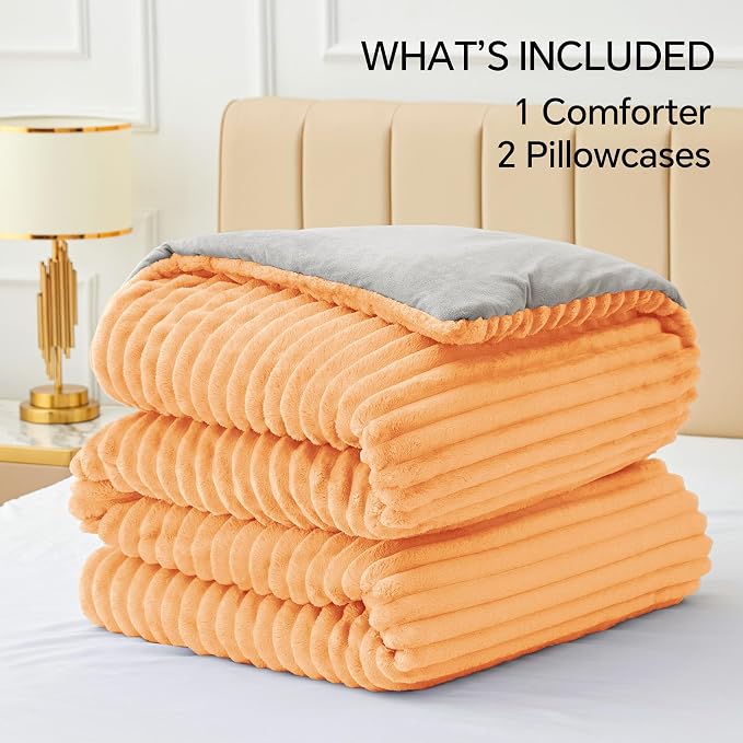 BEDELITE Fleece California King Comforter Set, Fluffy Bed Set, Coral | Super Soft & Warm Bedding, Luxury Fuzzy Faux Fur Comforter for Winter, Heavy Plush Bedding, with 2 Pillowcases