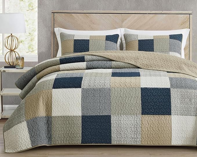 Chezmoi Collection Samuel 3-Piece Navy Blue White Gray Taupe Plaid Square Patchwork Quilt Set - Pre-Washed Cotton Quilted Lightweight Reversible Bedspread for All Seasons, Oversized King Size