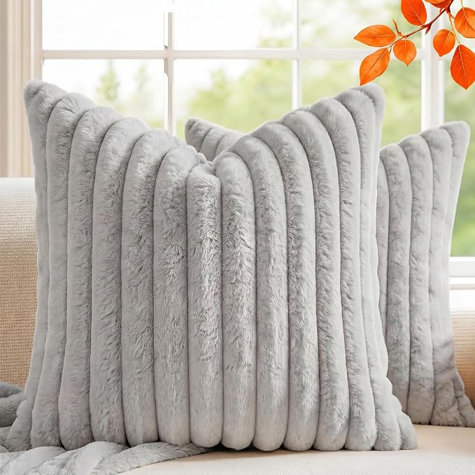 Pack of 2 Throw Pillow Covers 18x18 Decorative Solid Plush Faux Fur with Soft Velvet Back, Square Striped Cushion Cases Modern Farmhouse Home Decor for Living Room Couch Sofa Bed Neutral Gray