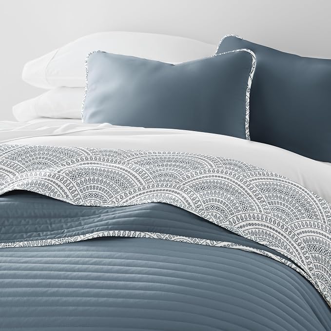 Merit Linens Soft Quilt Coverlet Bedding Set - Pattern/Solid Reversible - Full/Queen Dusk Blue