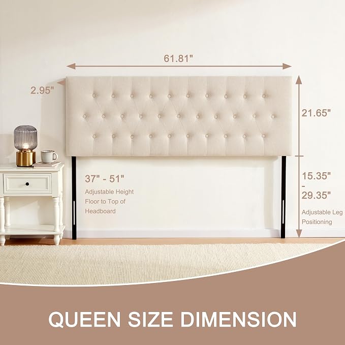 Tufted Upholstered Headboard Queen Size, Adjustable Height 37- 51 in, Beige | Sturdy and Durable Solid Wood Bed Headboard, Fabric Queen Headboard Only, Modern Button Diamond Design Head Board