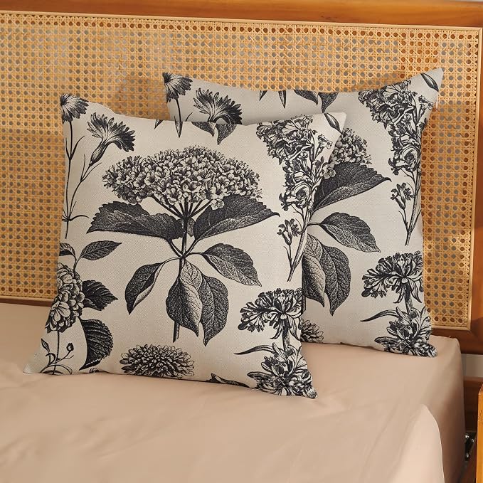 Black Pillow Covers 24x24 Inch 2 Pcs Boho Vintage Floral Decor Throw Pillows Hydrangea Flower Seasonal Outdoor Farmhouse Neutral Accent Decoration Pillowcase Linen Cushion Cover for Couch