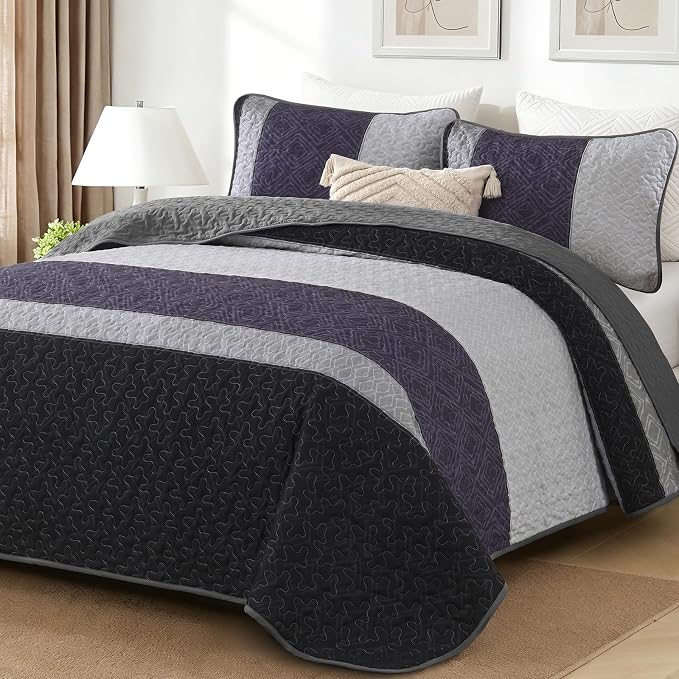 Cottolester Boho King Size Quilt Set,Black Purple Striped Bedsperads Set | Modern Boho Style,Striped Plaid Design,Ultra Soft Lightweight Microfiber Quilted Bedding Sets for All Seasons 110"x90"