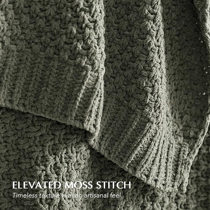 EVERGRACEHOME Chunky Chenille Knit Throw Blanket, 90x90, Dried Thyme Green | Sculpted Moss Stitch, Chic Modern Farmhouse, All-Season Warmth, OEKO-TEX® Certified, Oversized Queen for Couch, Bed, Sofa