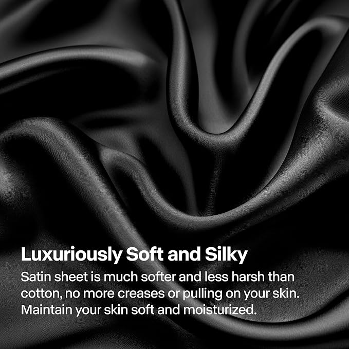 BEDELITE Satin Sheets King Size Bed Set, Black, 4 Pieces | Luxury Silky Bed Sheets, 15 Inch Deep Pocket, Similar to Silk, Soft and Cooling, Reduces Friction, Gentle on Hair and Skin