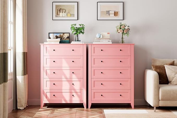 Garvee 5 Drawer Dresser for Bedroom, Modern Tall Chest of Drawers with Metal Knobs, Wooden Clothes Storage Organizer for Closet, Nursery, Living Room, Apartment, Pink | Lacquered Finish, Metal Knobs, Clothes Storage Organizer for Closet, Nursery, Livin...