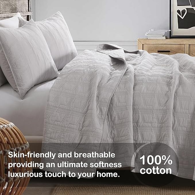 HORIMOTE HOME 100% Cotton Quilt Set Twin Size, Light Grey Pre-Washed Bedspread Coverlet Set, Cozy Lightweight Stitching Decorative Bedding Cover with 1 Sham in Geometric Pattern for All Season