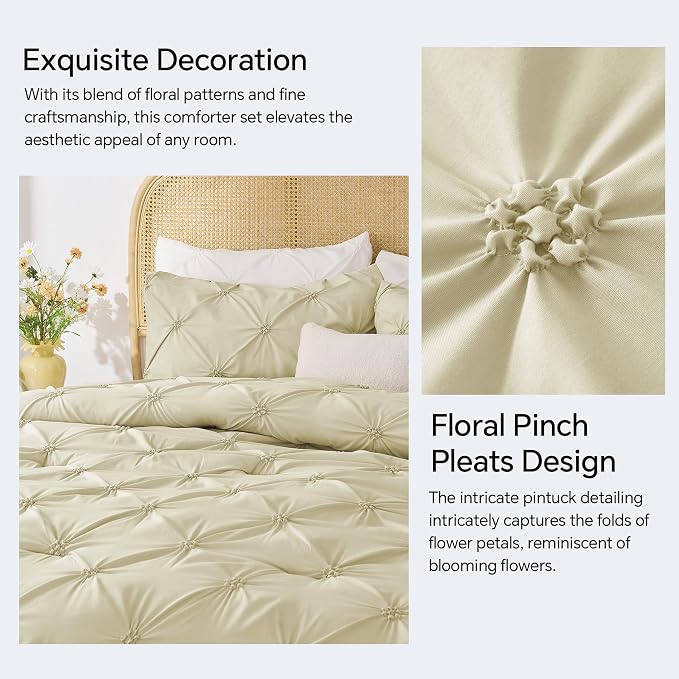 BEDELITE Queen Comforter Set Beige,Lightweight & Soft Comforter | Pintuck Boho Bedding, Warm & Cute Bed Set for All Season,With 2 Pillowcases
